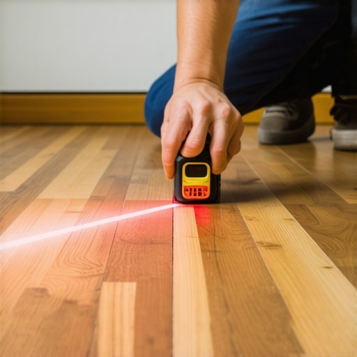 Person aligning hardwood planks using a laser level for accurate installation.