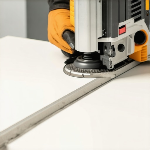 A close-up of a diamond blade cutting porcelain tile showing smooth clean edge.