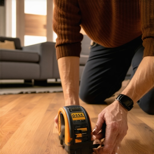 Homeowner checking floor levelness and moisture content with a laser level and moisture meter