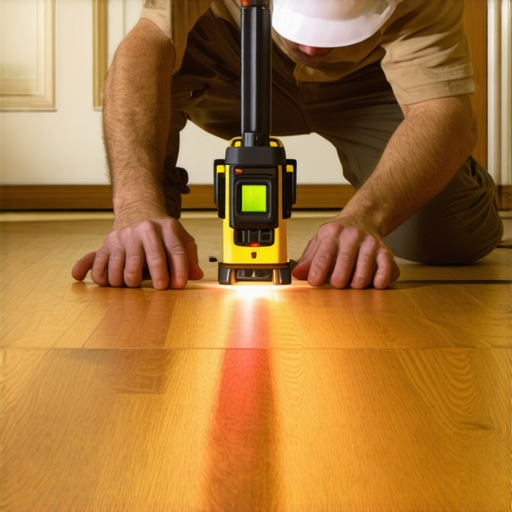 A hand holding a laser level tool while installing hardwood flooring