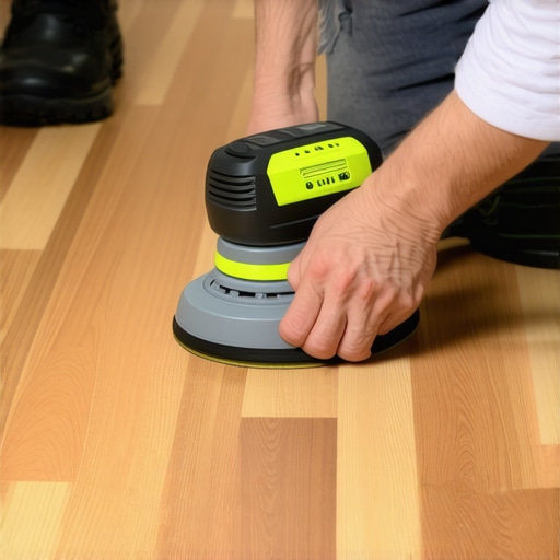 Professional Flooring Maintenance Tools in Action A craftsman uses advanced tools to inspect and sand hardwood floors for longevity