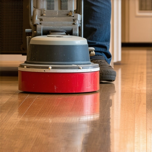 Someone polishing hardwood floors with a buffer machine in a modern home.