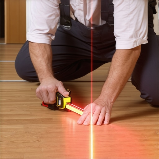Professional Using Laser Level for Floor Maintenance Technician inspecting hardwood floor with laser level tool