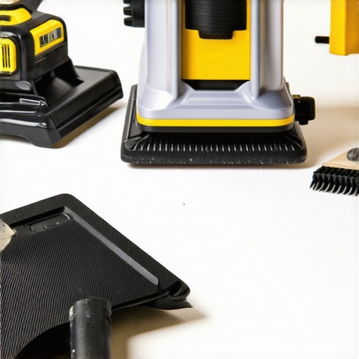 Professional flooring tools in action A set of high-quality tools for flooring installation and maintenance, including laser level and mixers
