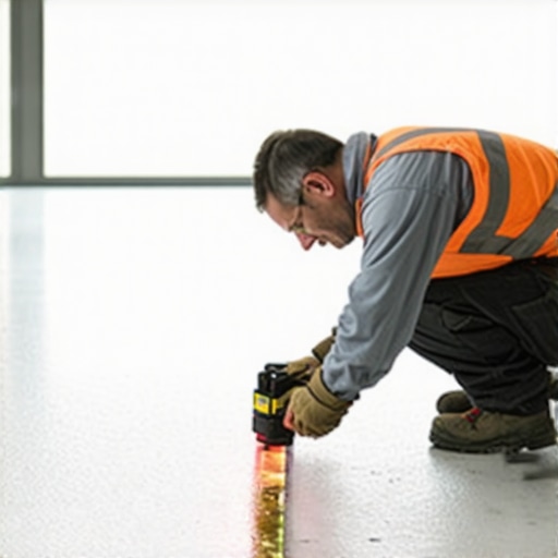 Installer using laser level and leveling tools for precise flooring installation.