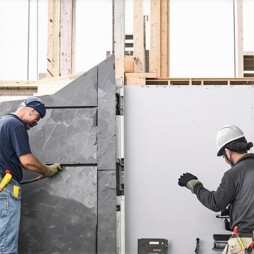 A hand spreading polymer-modified thinset mortar with a notched trowel on a subfloor, ready for large slate tiles.