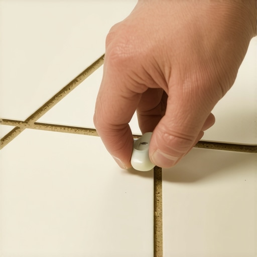 Hand peeling off masking tape after grouting, revealing sharp clean grout lines between tiles.