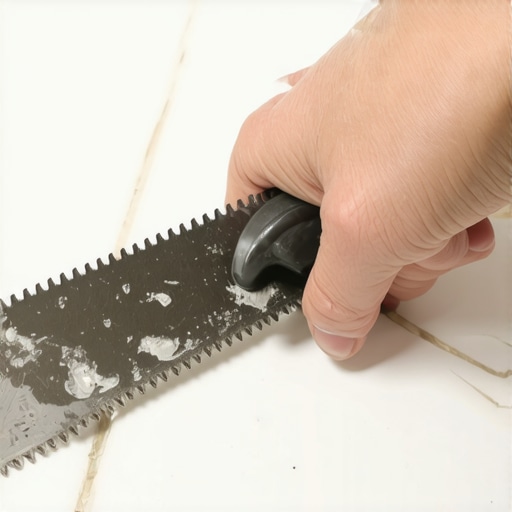 Person repairing bathroom tile grout using a grout saw.