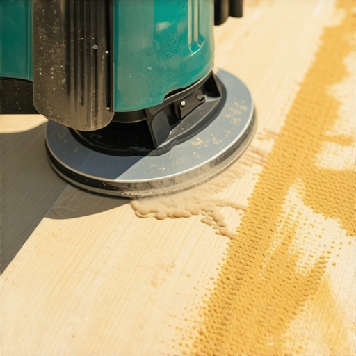 Sanding Plywood Seams for a Smooth Floor Base Person sanding plywood seams with orbital sander