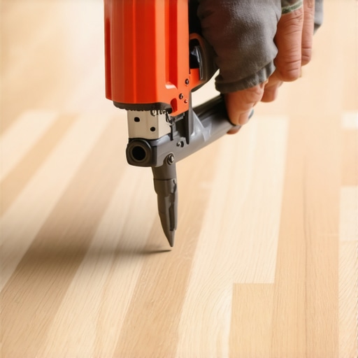 Installer fixing a squeaky hardwood floor by nailing down loose boards