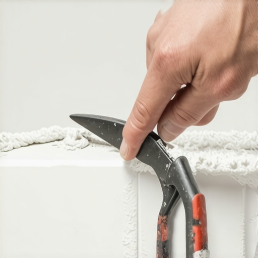 Hand shaping ceramic tile using nippers near a curved bathtub edge.