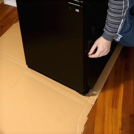 Person carefully moving refrigerator over cardboard on hardwood floor to prevent scratches.