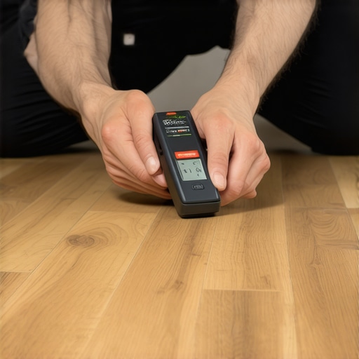 Technician checking moisture levels on hardwood with a digital device