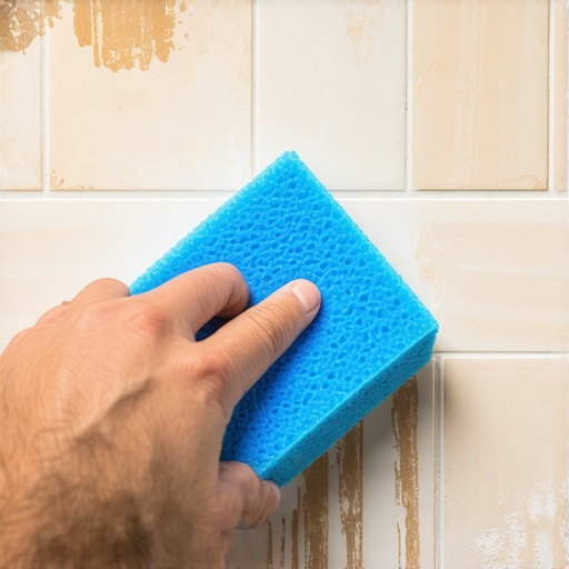 Hand smoothing grout with damp sponge during tile installation