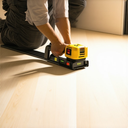 Installer using laser level and multi-tool for precise flooring work.