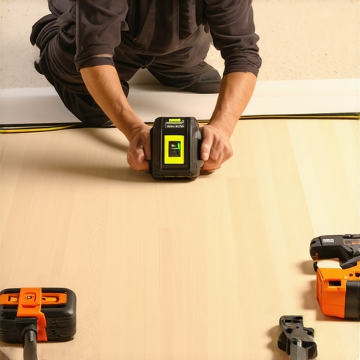 Technician measuring subfloor flatness with laser level