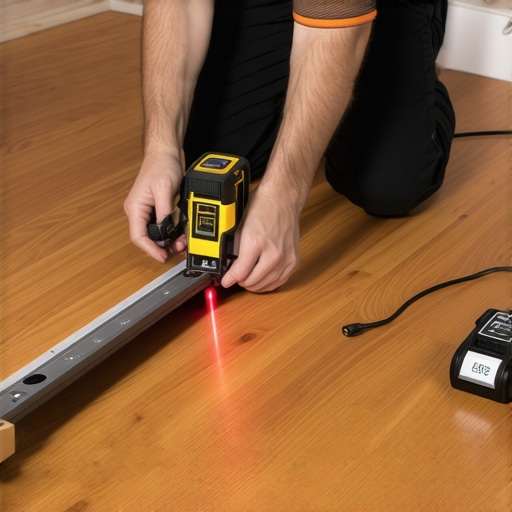 Using Precision Tools for Flooring Maintenance A technician using a laser level and moisture meter to inspect hardwood floors for upkeep