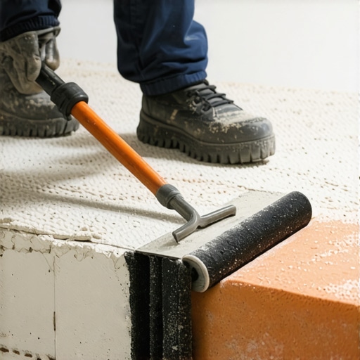 Professional applying self-leveling compound with a gauge rake and spiked roller