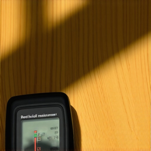 Using a Moisture Meter for Floor Care A digital moisture meter measuring humidity on a hardwood floor, essential for maintenance.