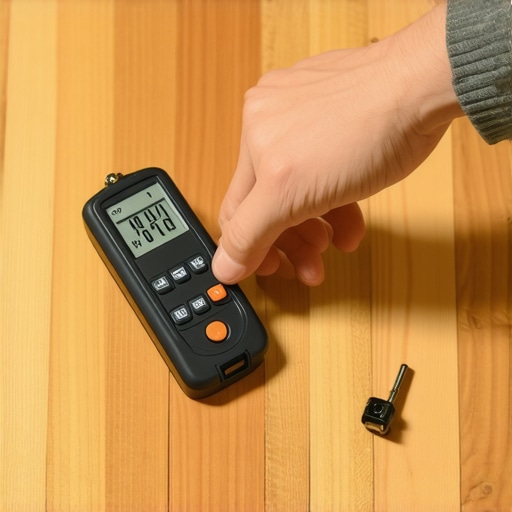 Using a Moisture Meter for Flooring Maintenance Person checking moisture levels on hardwood flooring with a digital moisture meter, demonstrating proper maintenance techniques.