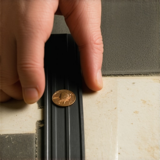 Person checking floor levelness with a penny and straightedge during tile installation.