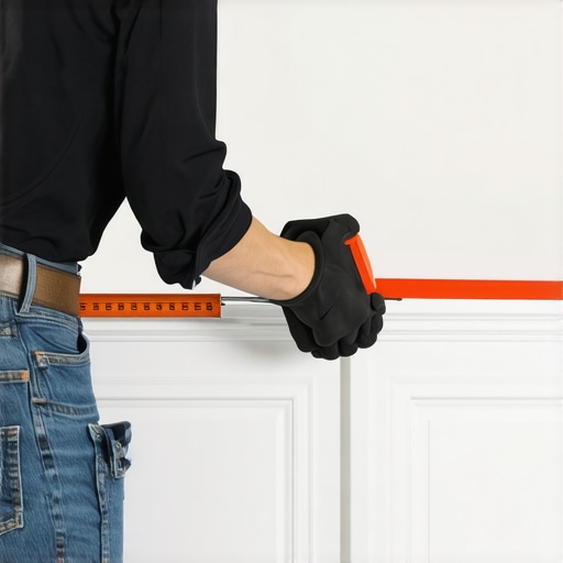 Person pressing contour gauge against wall to trace uneven surface for baseboard cutting.