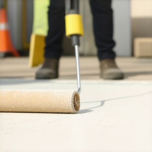 A professional applying a spike roller on a newly poured self-leveling layer to remove air bubbles and smooth the surface
