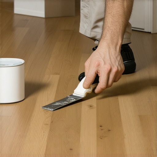 Person fixing bubbling vinyl plank flooring with tools