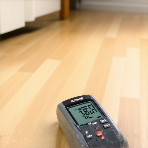 Professional pinless moisture meter testing hardwood floor moisture content.