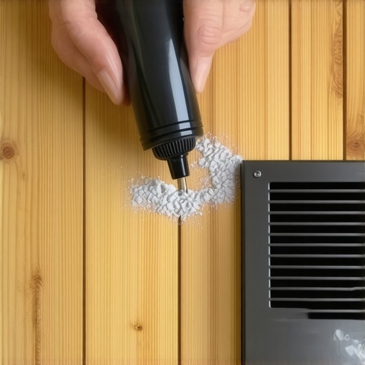 Dry powdered graphite being used to lubricate a floor vent squeak.
