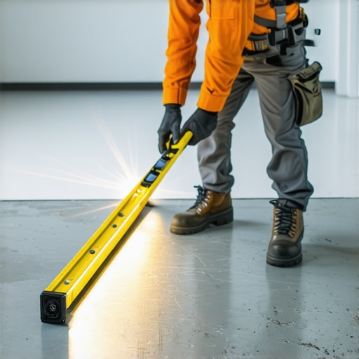 Checking Subfloor Flatness with a Level Professional contractor checking concrete subfloor flatness with a level and flashlight