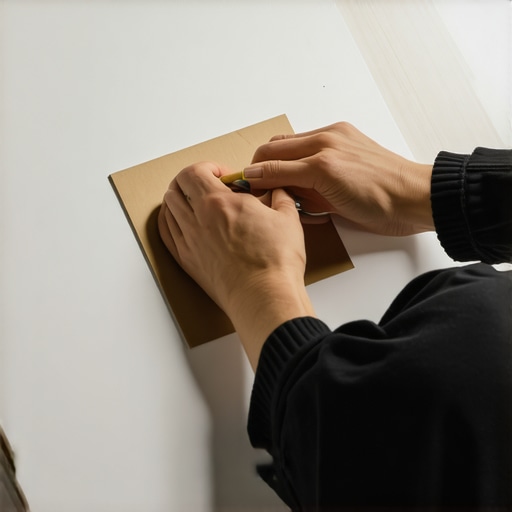 Hands marking a porcelain tile using a cardboard template for a doorway cut