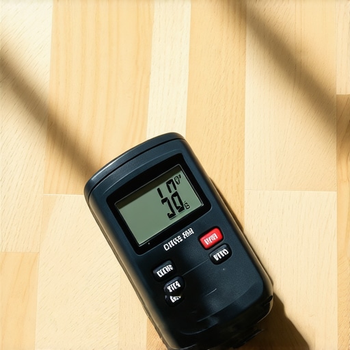 A moisture meter and work light used to check a maple hardwood floor for moisture content and surface flatness.