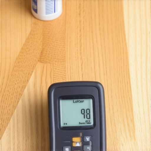 A digital moisture meter scanning a hardwood stair tread for equilibrium moisture content.