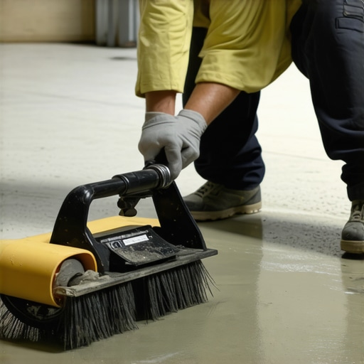 Installer using specialized tools to apply floor leveler on concrete