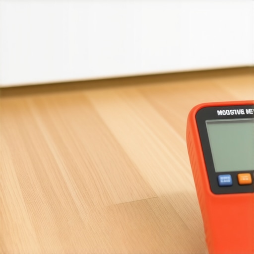 A professional moisture meter measuring the humidity of wood flooring near an HVAC register.