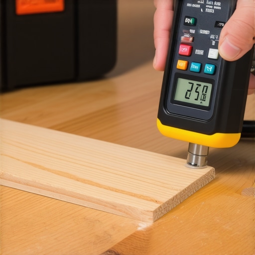 A digital moisture meter checking the moisture content of a hardwood floor plank