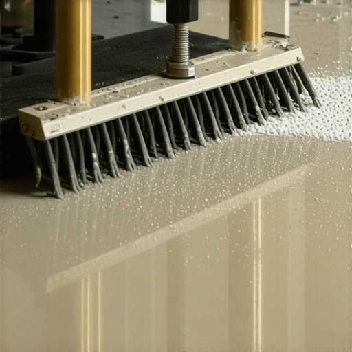 Professional flooring contractor spreading self-leveling compound on a concrete subfloor to create a flat surface for tiling.