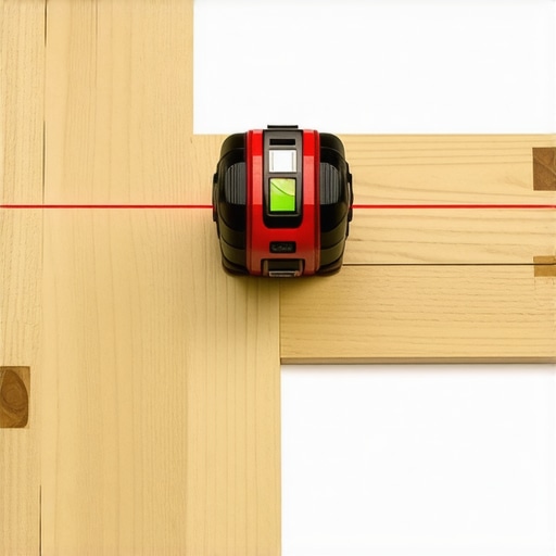 A craftsman using a laser level to align the first V shape of a herringbone hardwood floor installation.
