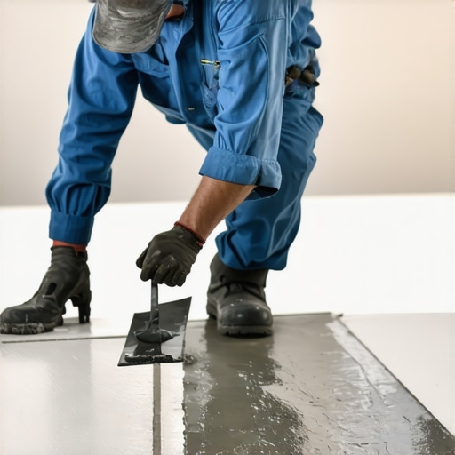 Close up of back-buttering a large porcelain tile with a trowel