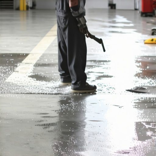 Handheld sprayer applying liquid silicate sealer to a grey concrete slab to stop dusting.