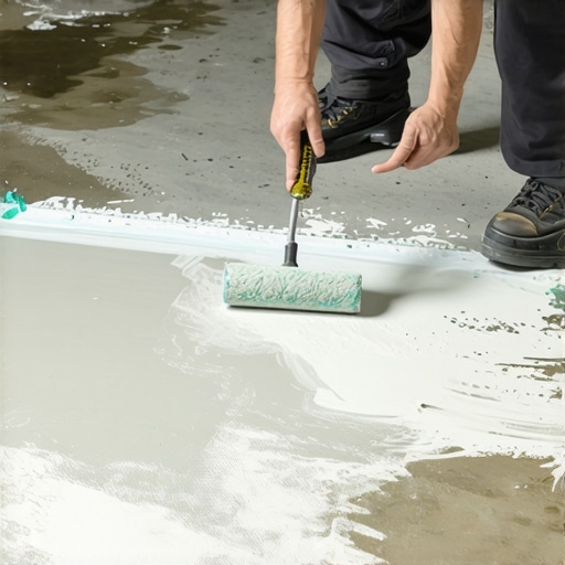 A contractor applying primer to a concrete subfloor before installing vinyl planks.