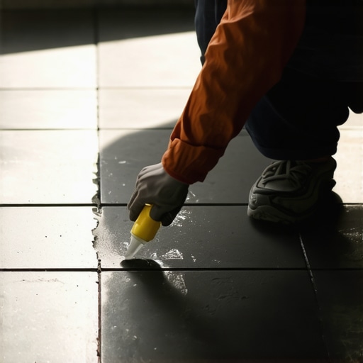 Applying UV Resistant Grout Sealer Professional applying protective sealer to tile grout to prevent sun fading and oxidation