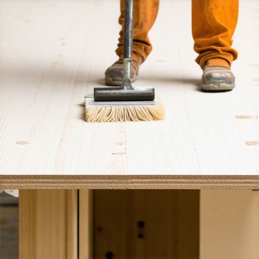 Acrylic primer being rolled onto a plywood subfloor to prevent self-leveler cracking