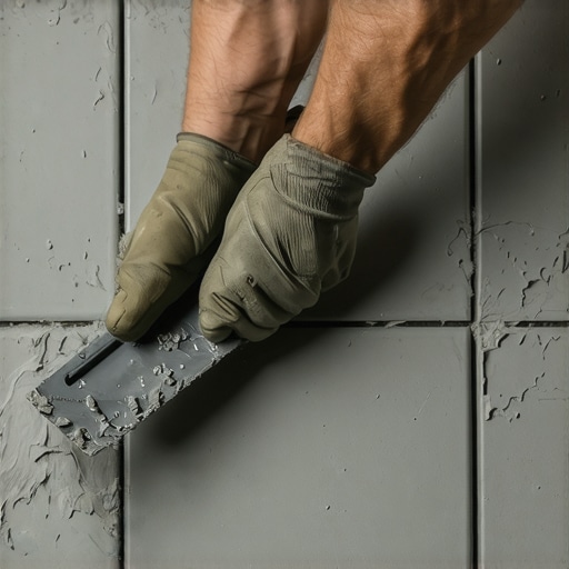 Close up of a trowel spreading mortar on the back of a large tile