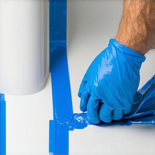 Applying blue painters tape for precise caulking Close-up of blue painter's tape applied near a bathroom joint for a clean caulk line.