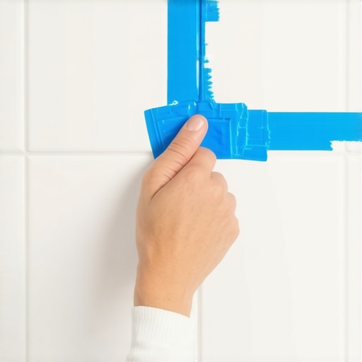 A hand applying blue painters tape to the edge of white subway tiles to protect them during the grouting process.
