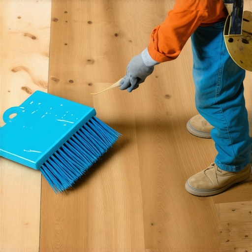 Contractor spreading primer over plywood before pouring self-leveler