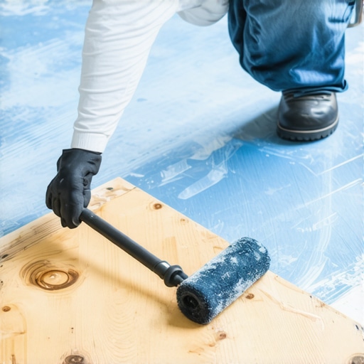 Applying primer to plywood subfloor Worker rolling primer onto plywood to prevent air bubbles in floor leveler