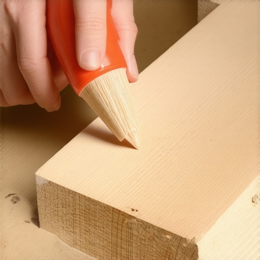 A detailed view of a DIY repair for a loose wooden stair tread using adhesive and shims.